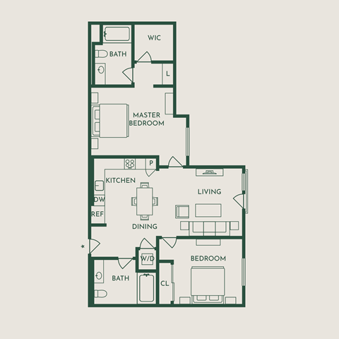 Floor plan for 2 beds, 2 baths, 1025 sqft