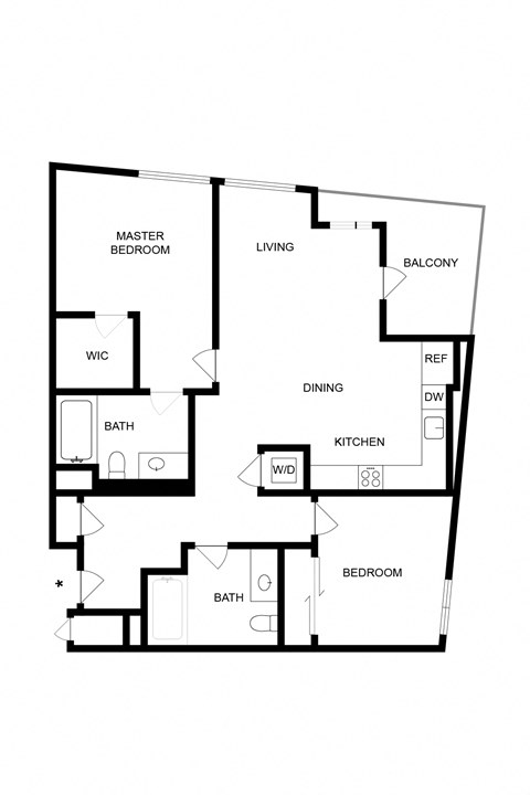 Floor plan for 2 beds, 2 baths, 1033 sqft