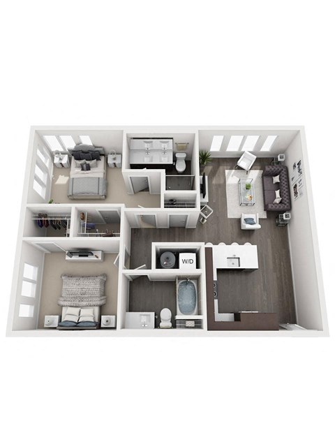 Floor plan for 2 beds, 2 baths, 1001 sqft