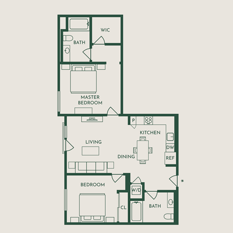 Floor plan for 2 beds, 2 baths, 1026 sqft