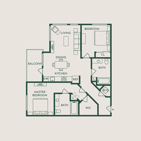 Floor plan for 2 beds, 2 baths, 1028 sqft