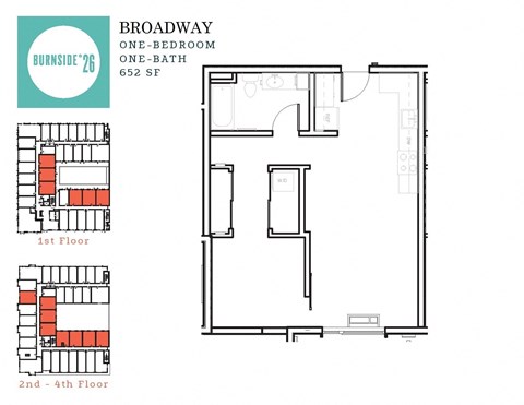 Floor plan for 1 bed, 1 bath, 652 sqft