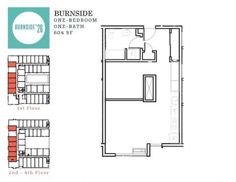 Floor plan for 1 bed, 1 bath, 604 sqft