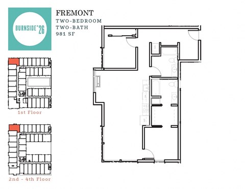 Floor plan for 2 beds, 2 baths, 981 sqft
