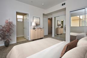 Sherman Oaks apartment for rent - Bedroom with queen bed and attached bathroom