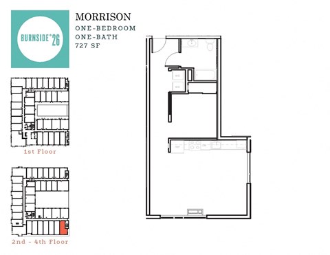 Floor plan for 1 bed, 1 bath, 727 sqft