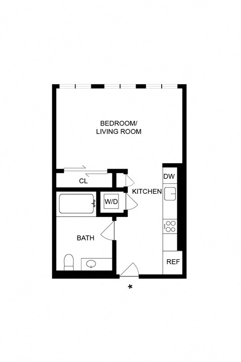 Floor plan for studio, 1 bath, 477 sqft