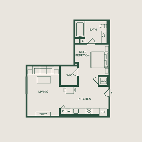Floor plan for studio, 1 bath, 668 sqft