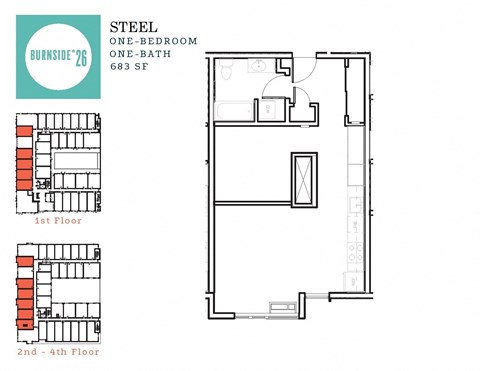 Floor plan for 1 bed, 1 bath, 683 sqft