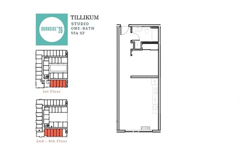 Floor plan for studio, 1 bath, 554 sqft