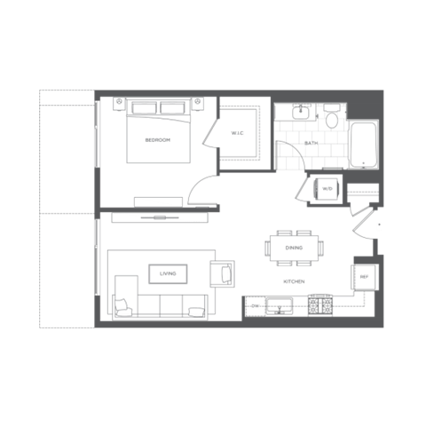 Floor plan for 1 bed, 1 bath, 806 sqft
