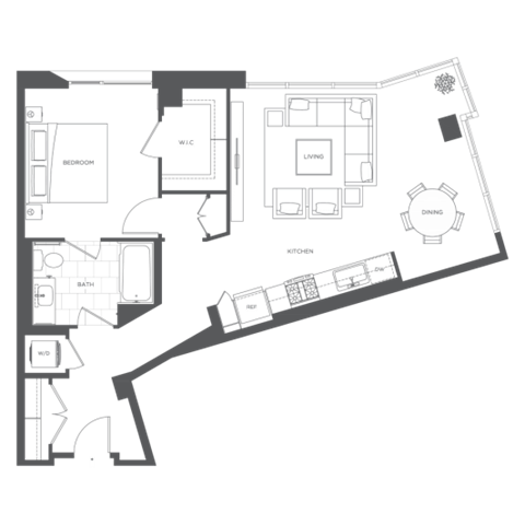 Floor plan for 1 bed, 1 bath, 882 sqft