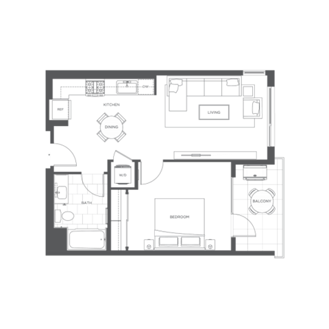Floor plan for 1 bed, 1 bath, 681 sqft