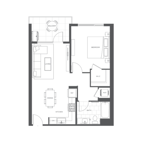 Floor plan for 1 bed, 1 bath, 735 sqft