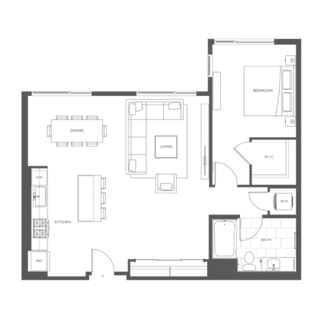 Floor plan for 1 bed, 1 bath, 992 sqft