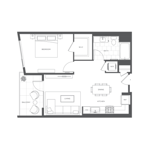 Floor plan for 1 bed, 1 bath, 734 sqft