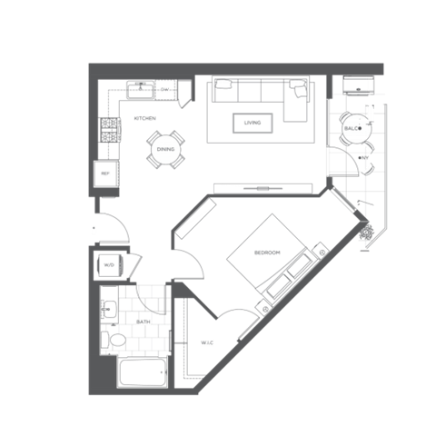 Floor plan for 1 bed, 1 bath, 729 sqft