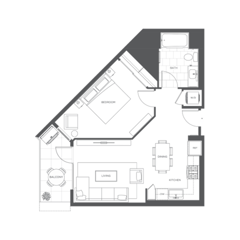 Floor plan for 1 bed, 1 bath, 709 sqft