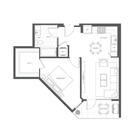Floor plan for 1 bed, 1 bath, 778 sqft