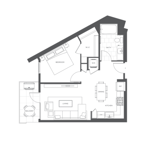 Floor plan for 1 bed, 1 bath, 685 sqft