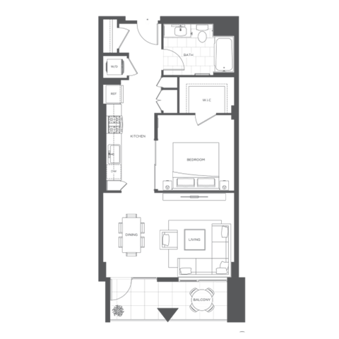 Floor plan for 1 bed, 1 bath, 736 sqft