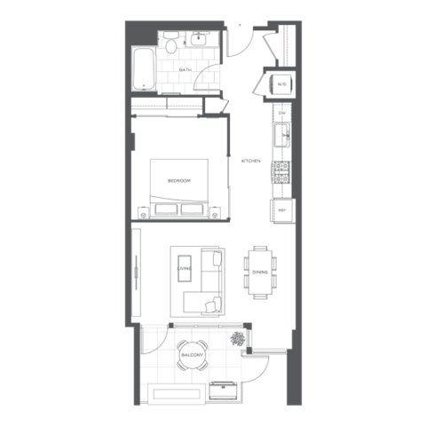 Floor plan for 1 bed, 1 bath, 701 sqft
