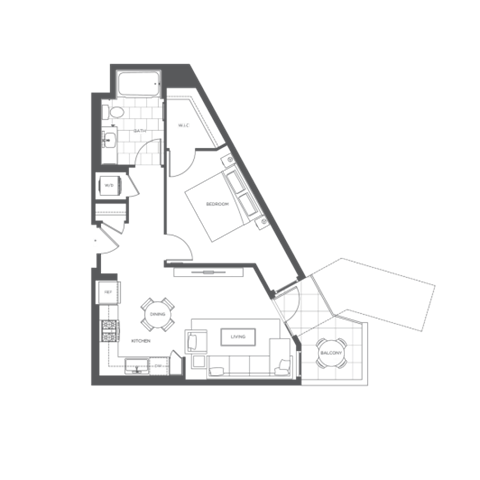 Floor plan for 1 bed, 1 bath, 718 sqft