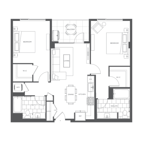 Floor plan for 2 beds, 2 baths, 1121 sqft