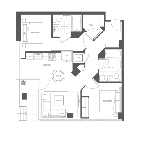 Floor plan for 2 beds, 2 baths, 1161 sqft