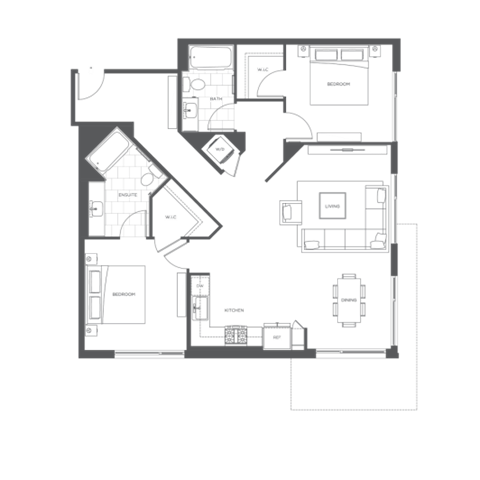 Floor plan for 2 beds, 2 baths, 1265 sqft