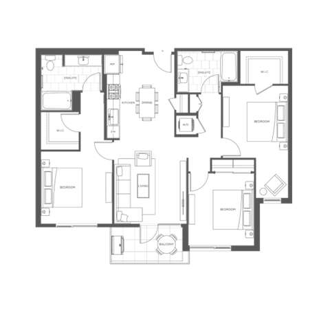 Floor plan for 3 beds, 2 baths, 1309 sqft