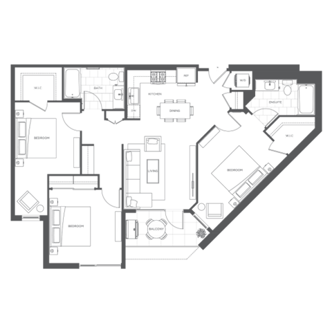 Floor plan for 3 beds, 2 baths, 1304 sqft
