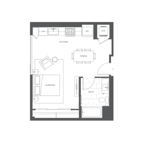Floor plan for studio, 1 bath, 513 sqft