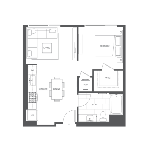 Floor plan for studio, 1 bath, 617 sqft