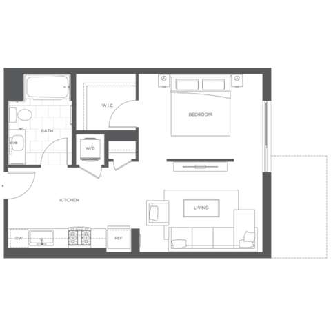 Floor plan for studio, 1 bath, 617 sqft