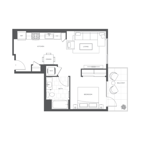 Floor plan for studio, 1 bath, 644 sqft