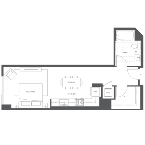 Floor plan for studio, 1 bath, 580 sqft