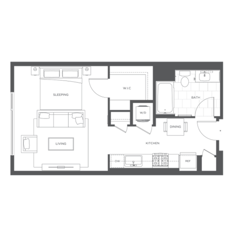 Floor plan for studio, 1 bath, 583 sqft