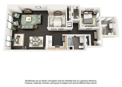 Floor plan for 2 beds, 2 baths, 1105 sqft