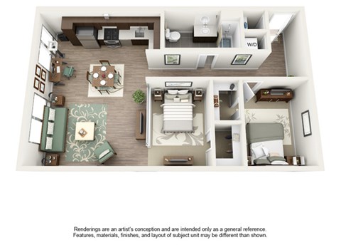 Floor plan for 2 beds, 1 bath, 827 sqft