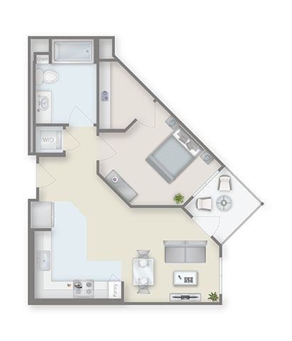 Floor plan for 1 bed, 1 bath, 614 sqft