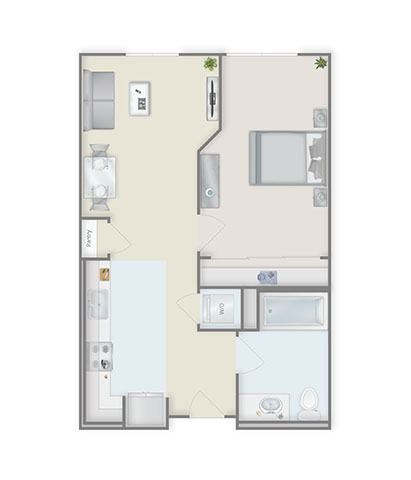 Floor plan for 1 bed, 1 bath, 666 sqft