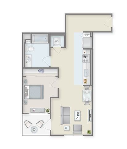 Floor plan for 1 bed, 1 bath, 708 sqft