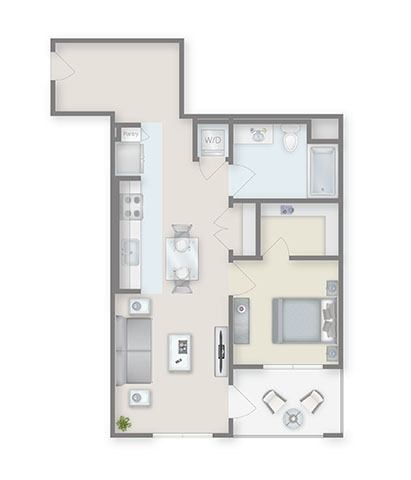 Floor plan for 1 bed, 1 bath, 743 sqft