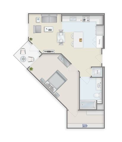 Floor plan for 1 bed, 1 bath, 754 sqft