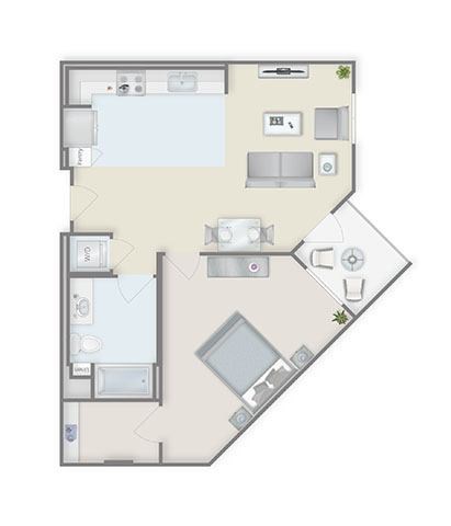 Floor plan for 1 bed, 1 bath, 752 sqft
