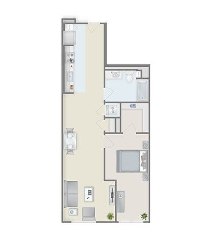 Floor plan for 1 bed, 1 bath, 857 sqft