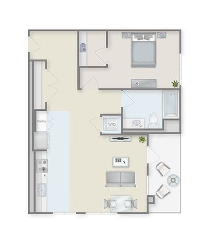Floor plan for 1 bed, 1 bath, 972 sqft