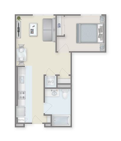 Floor plan for 1 bed, 1 bath, 622 sqft