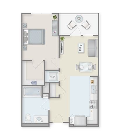 Floor plan for 1 bed, 1 bath, 632 sqft